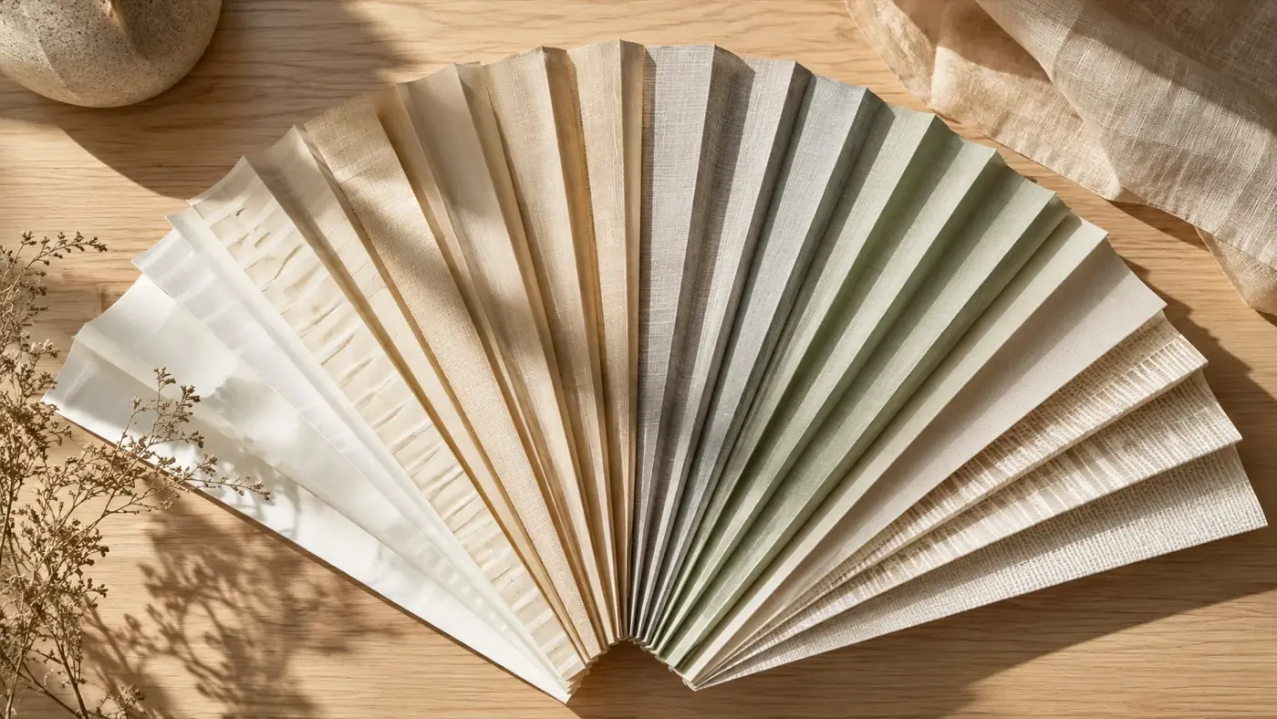 Fächerförmig ausgelegte Plissee-Stoffmuster in natürlichen Cream-, Beige- und Sandtönen