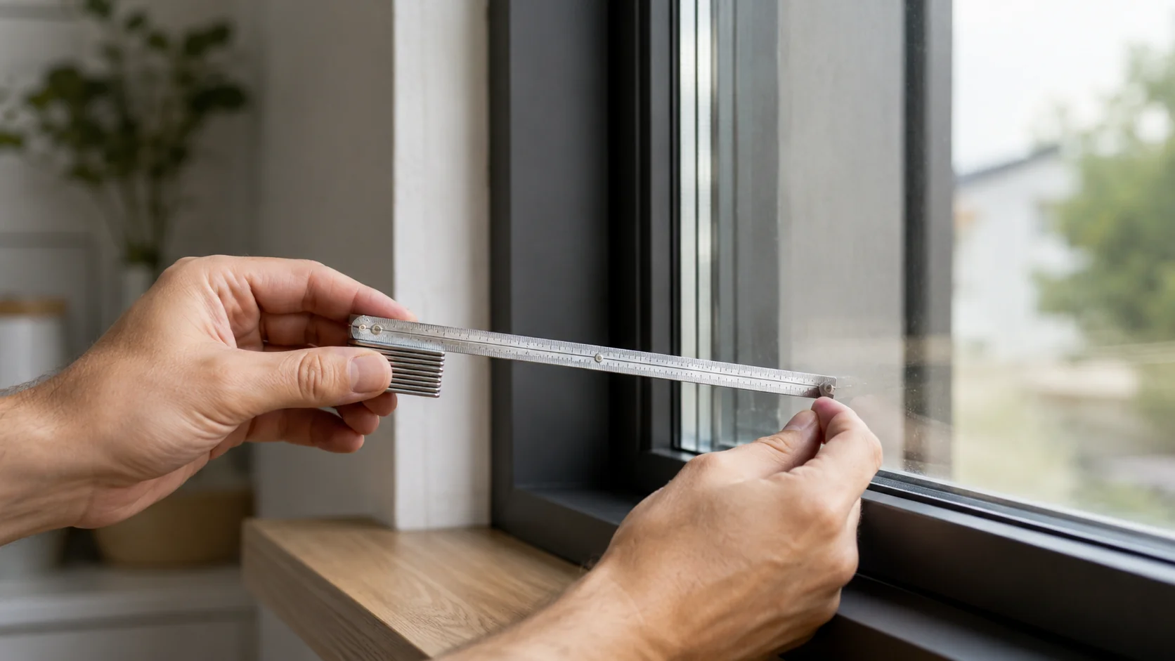 Hand misst mit einem Stahlmessband das Mass eines Kunststoff-Fensters innen am Glasausschnitt