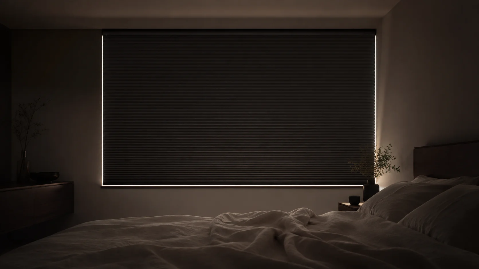 Minimalistisches Schlafzimmer im Morgenlicht mit komplett heruntergelassenem dunklem Verdunkelungs-Plissee